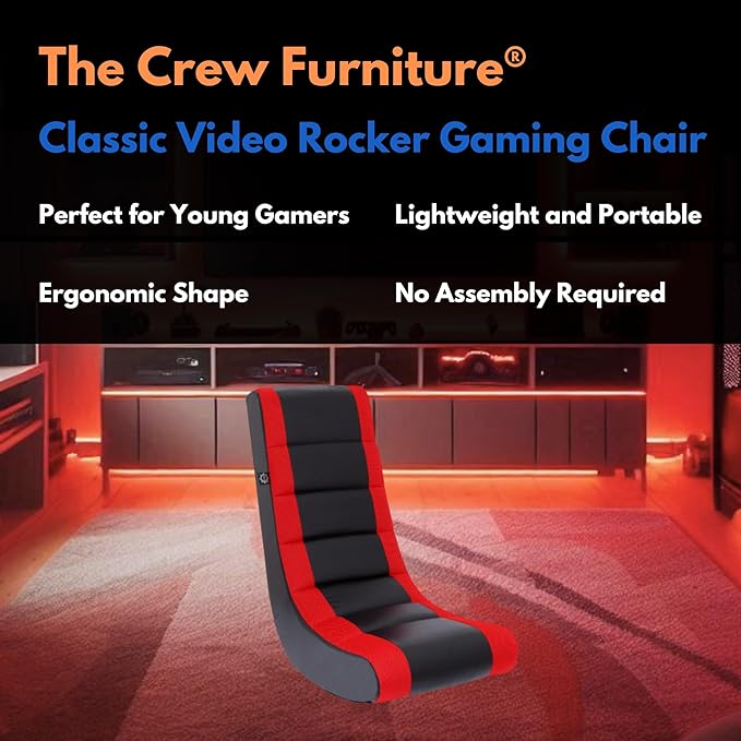 The Crew Furniture Classic Video Rocker Floor Gaming Chair, Kids and Teens, Racing Stripe PU Faux Leather & Polyester Mesh, Black/Red