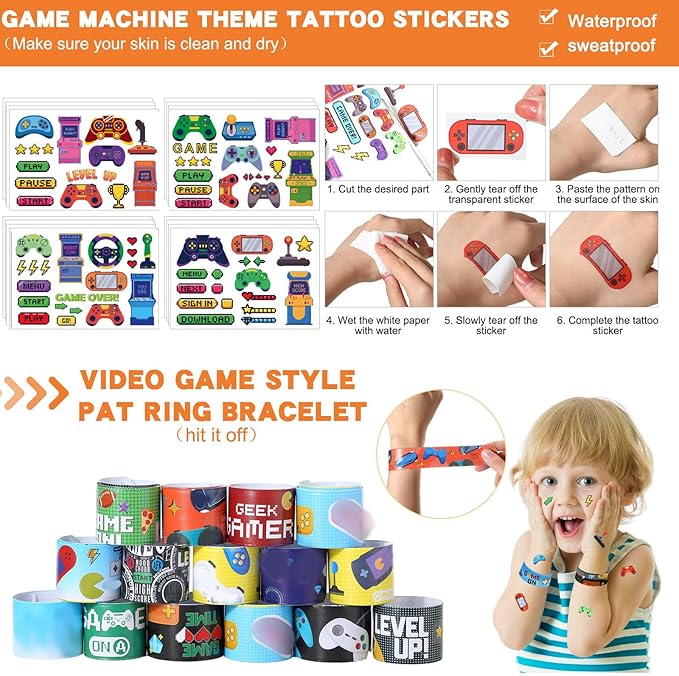 265 Pcs Video Game Party Favors Drinking Cups Notebook Pencils Sharpener Keychain Slap Bracelets Ring Stamp DIY Sticker Tattoo Sticker Tag Twist Tie for Boy Kid Birthday Gamer Reward Gift