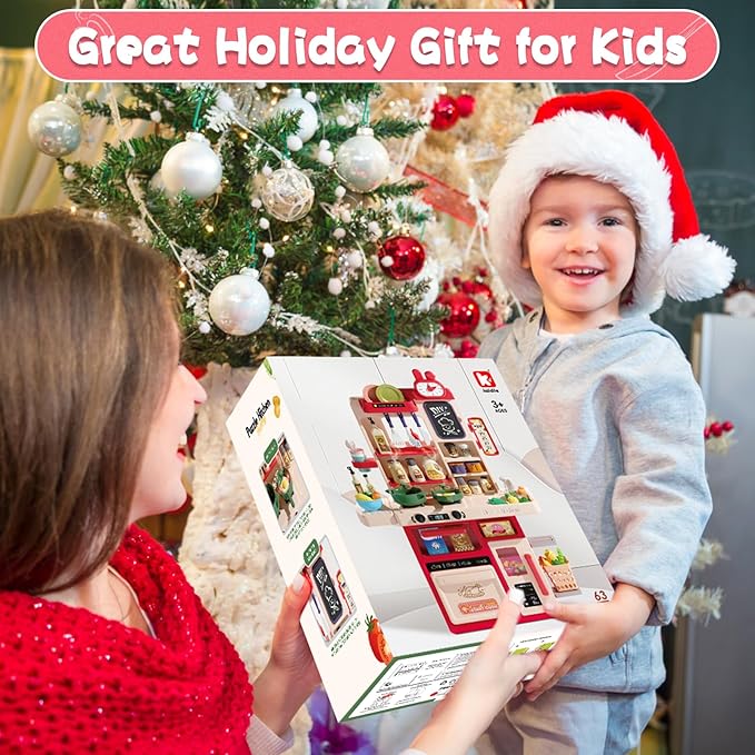 Kids Kitchen Playset Set, 63PCS Pretend Play Kitchen Toys for Toddlers, Cooking Stove with Steam Sound Light, Play Sink with Manual Faucet, Play Food Accessories Gift for Girls Boys, 33’’H