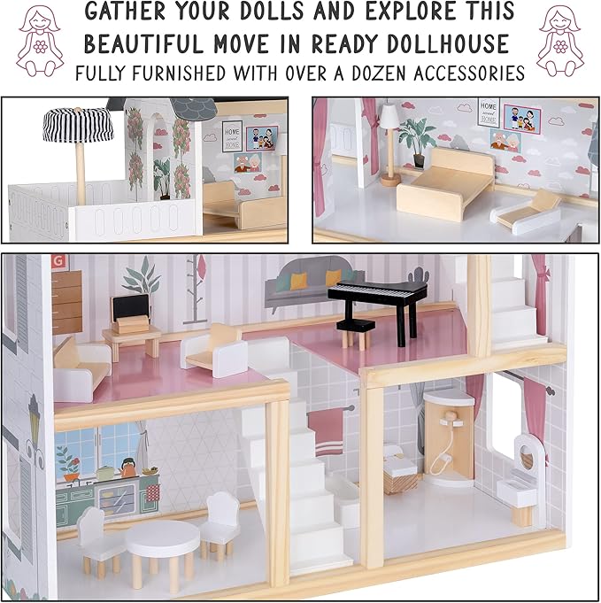 Lil' Jumbl Jumbl Kids Wooden Dollhouse, 17-Piece Accessories & Furniture are Included, with Balcony & Stairs, 3 Story Easy to Assemble Doll House Toy
