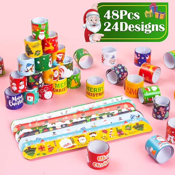48 Pieces Christmas Slap Bracelets for Kids, 24 Styles Colorful Christmas Slap Wristbands Bulk for Kids Christmas Party Favors Toys Prizes Goodie Bags Fillers