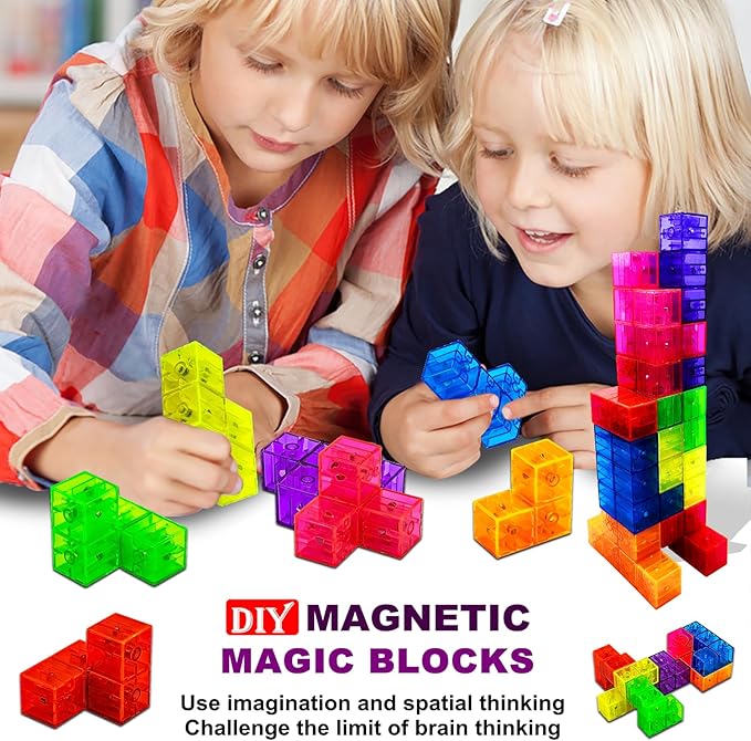 Magnetic Building Blocks Magic Magnetic 3D Puzzle Cubes, Set of 14 Multi Shapes Magnetics Blocks with 108 Guide Cards,Parent-Child Interactive Children's Educational Toys (14color)