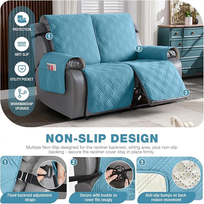 TAOCOCO 100% Waterproof Loveseat Recliner Cover, Non Slip Split Recliner Couch Cover with Elastic Straps, Washable Reclining Sofa Cover Furniture Protector for Kids, Pets(2 Seater, Sky Blue)