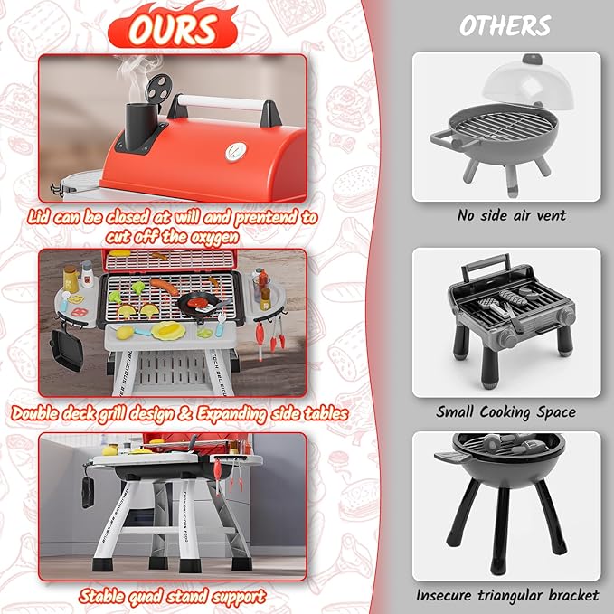 Kids Toys Kitchen Playset, Kids BBQ Grill Playset with Smoke, Sound & Light, Toy Grill for Kids, Pretend Play Food Hamburger, Interactive Toys Barbecue Cooking Game for Toddlers Boys Girls 3-5