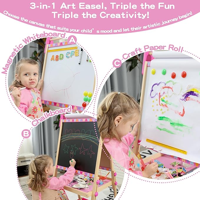 3-in-1 Adjustable Kids Art Easel with Magnetic Whiteboard, Chalkboard & 3 Paper Rolls, All-in-One Double Sided Wooden Painting Easel with Accessories for Toddlers and Kids Ages 3+