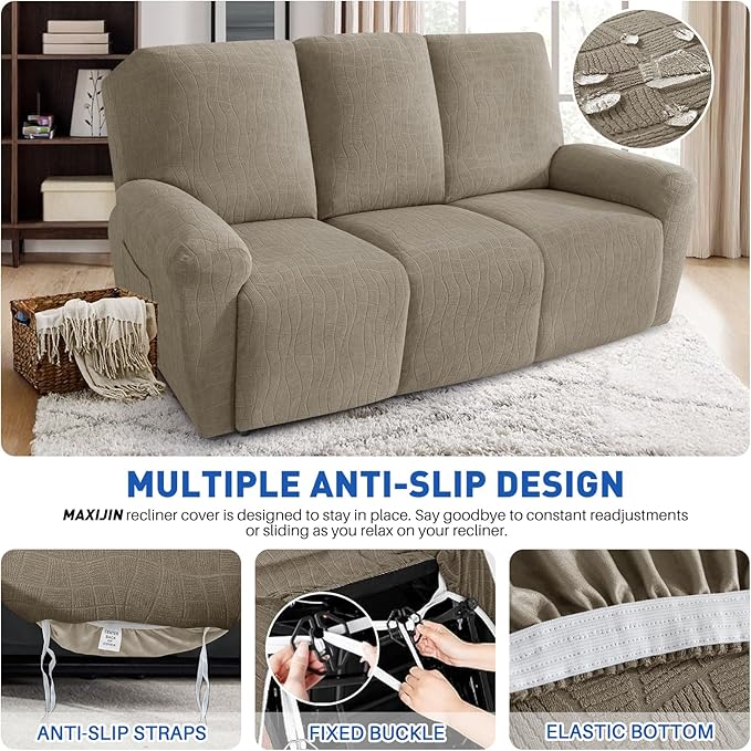 MAXIJIN Waterproof Recliner Couch Cover 5 Pieces Recliner Sofa Covers 3 Seater, Reclining Couch Furniture Protector with Elastic Straps & Pockets for Pet, Kids (Sofa Recliner, Khaki)