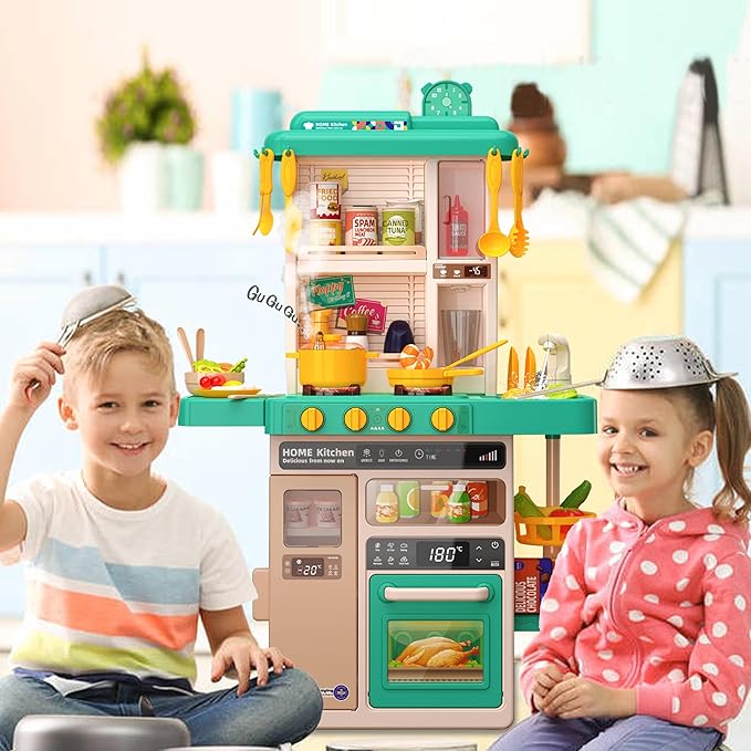 Kids Kitchen Play Set，Interactive Kids Kitchen Play Set with 50Pcs of Pretend Kitchen Toys，Realistic Sound Effects，and Simulated Functionality - Suitable for Toddlers Aged 2-12 Years (Green)