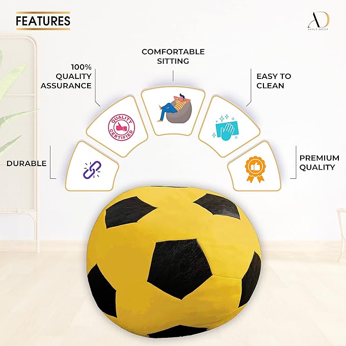 Ample Decor Soccer Bean Bag Cover (Filler Not Included), Leatherette Durable Double Stitched Material Sturdy Zippers, Ideal for Children and Teenagers - Yellow and Black