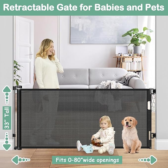 80 Inch Retractable Baby Gates for Doorways Retractable Mesh Dog Gate for The House 33” Tall Retractable Gate Outdoor Baby Gate for Decks Indoor Retractable Pet Gate Mesh Child Safety Gate for Stairs