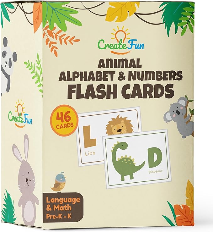 Alphabets and Numbers Animal Flash Cards for Babies, Toddlers, Pre-K, and Kindergarten – Montessori Learning Gift – Uppercase & Lowercase Letters, 123 – 46 Extra Thick Educational Cards