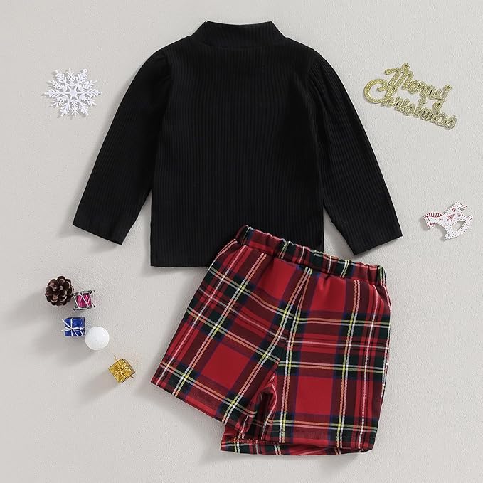Fernvia Toddler Baby Girl Fall Winter Skirt Set Turtleneck Ribbed Long Sleeve T-Shirt Top & Plaid Skirts Dress 2Pcs Outfits
