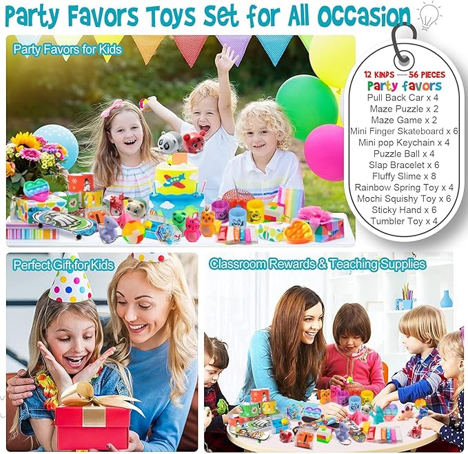 56 Pcs Party Favors Toys for Kids 4-8 8-12 3-5, Treasure Chest Box Toys Classroom Carnival Prizes Small Bulk Pop Fidget Toys Pack Pinata Stuffers Birthday Gifts Goodie Goody Candy Bags Fillers
