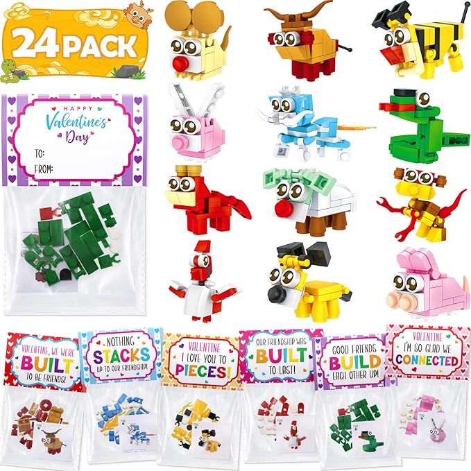 24 Pack Valentines Day Gifts for Kids 8-12, Animal Building Blocks Kit with Gift Cards for Kids School Classroom, Valentines Party Favors Exchange for Boy Girl, Kid Basket Stuffers Fillers Toy