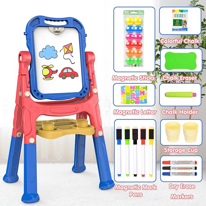Amagoing Easel for Kids, Adjustable Standing Art Easel for Toddler, Double Drawing Board with Painting Accessories, Birthday Christmas Gift for Little Boys and Girls, Middle Size Blue+Red