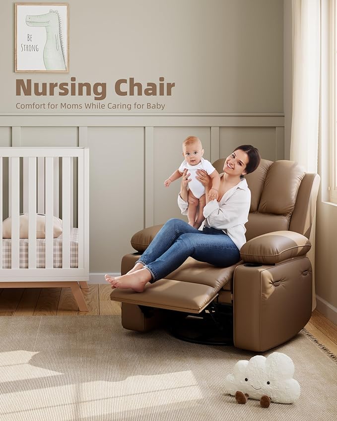 22'' Leather Recliner Chair for Adults, Overstuffed Manual Recliner Chair, Single Sofa with Cup Holder and Side Pockets, Upholstered Chair for Living Rooms, Tan