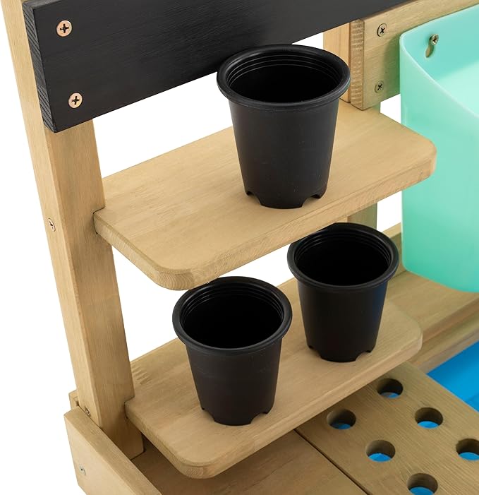 Kids Potting Bench, Outdoor Wooden Toy Toddler Gardening Table with Wheels, Sink & Faucet, Storage Shelves, Planting Pots, Durable, Weatherproof Backyard Playset for Kids Age 3+ Years