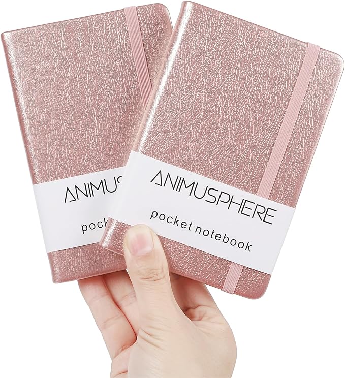 Animusphere 2Pack Pocket Notebook Small Notebook Journal Notebook 4 inches x 5.7 inches 200 Pages Leather Cover With Pen Holder Page Marker Ribbons (Rose Gold)