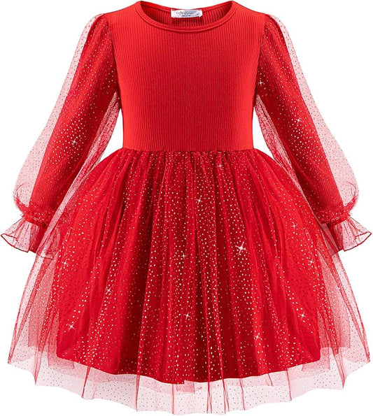 Arshiner Toddler Christmas Dress Girls Sequin Tulle Puff Long Sleeves Tutu Dress Princess Birthday Party Clothes 1-6T