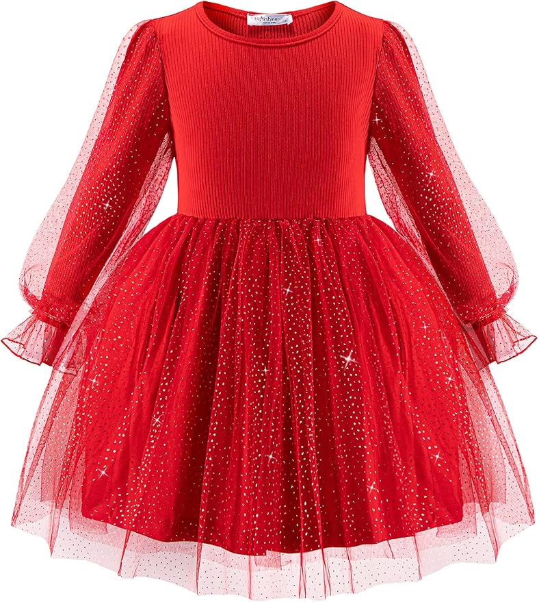 Arshiner Toddler Christmas Dress Girls Sequin Tulle Puff Long Sleeves Tutu Dress Princess Birthday Party Clothes 1-6T