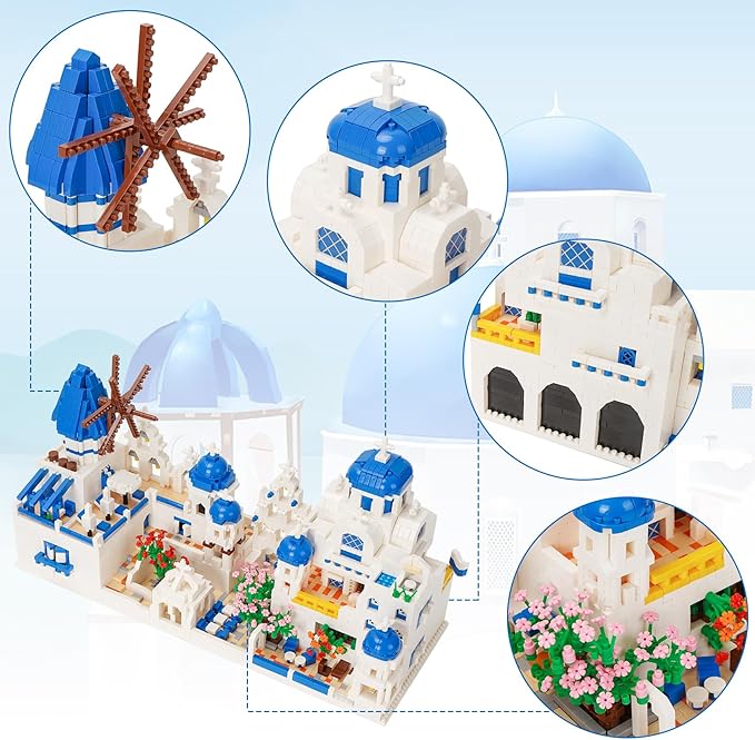 Architecture Aegean Sea Santorini Micro Building Blocks Set 4310 PCS, Model Building Kit Creative Architecture Collection Building Blocks Gift for Adults