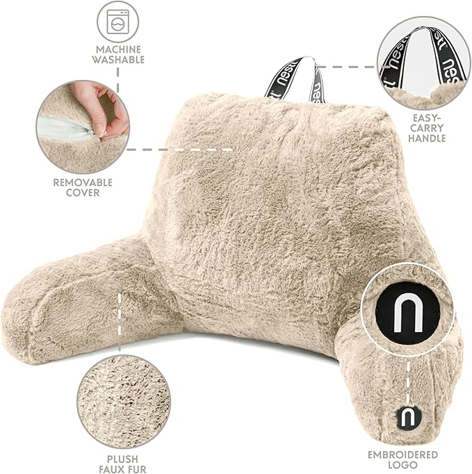 Nestl Fur Reading Pillow, Stylish Back Pillow for Bed Sitting Up, Faux Fur Bed Chair Pillow with Arms, Reading Pillows for Sitting in Bed Adult & Kids, Sit Up Back Support Pillow for Bed Rest - Linen
