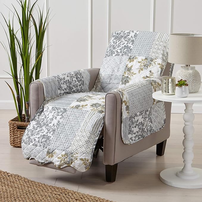 Patchwork Scalloped Printed Furniture Protector Stain Resistant Recliner Cover (Recliner, Grey)