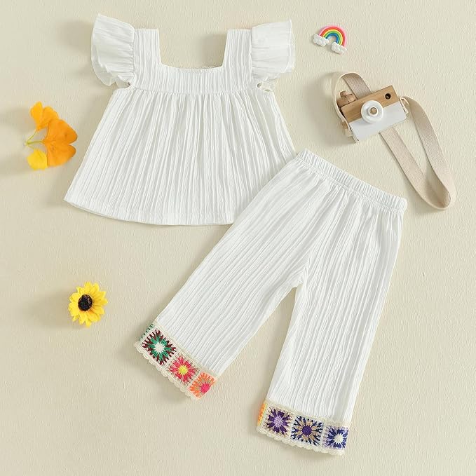 6M-5T Little Girl Clothes Boho Outfit Straps Hearts Shirts Cami Tank Tops Wide Leg Pants Baby Girl Summer Clothes