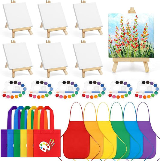 Aodaer 24 Pieces Valentine's Day Gift Mini Watercolor Paint Set Include 6 Set Colors Watercolor Paints Oval Palette Wooden Canvas Easels Canvas Tote Bags Aprons for Art Beginner Painting Supplies