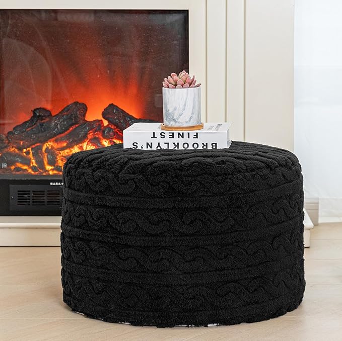Asuprui Round Pouf Ottoman Stuffed Pouf Foot Stool Floor Chair for Living Room Bedroom Filled Boho Foam Ottoman Foot Rest for Couch 20 Diameter x 12 Height Black Pouf with Filler