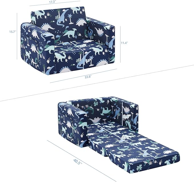 Ulax furniture Children Sofa Chair for Reading, Kids FILP-Out Polyurethane Chair, Lightweight, Convertible Sofa to Sleeper Couch (Navy Dinosaur)