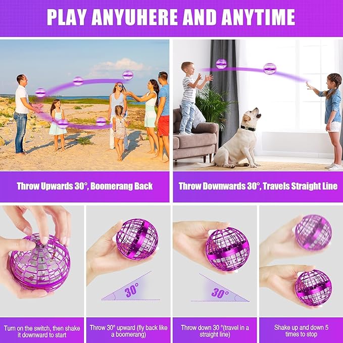 2025 Flying Orb Ball Toy, Galaxy Boomerang Hover Ball Led Lights Mini Drone Globe Hand Controlled Flying Ball Toys Cool Toys Gift for 6 7 8 9 10+ YearOld Boys Girls Teens Outdoor Toys(Purple)