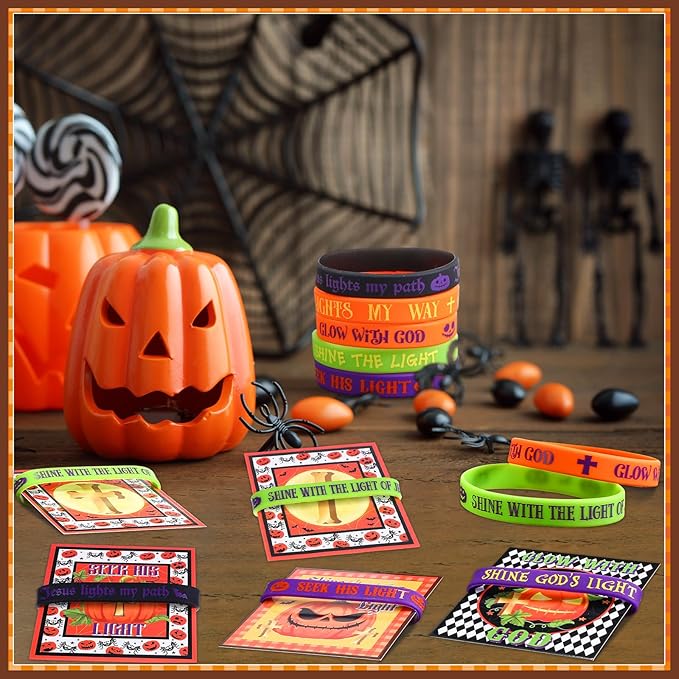 48 Pcs Kids Halloween Party Favors Rubber Bracelets and Cards Christian Silicone Wristbands Bulk Religious Halloween Goodie Bag Stuffers Kids Wristband for Classroom Prizes