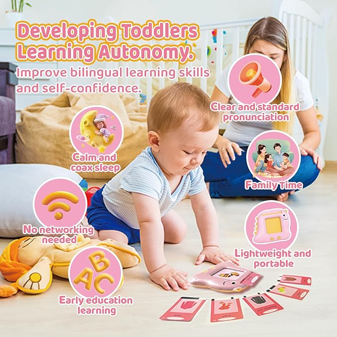 Kids Toddler Toys, Baby Dinosaur Talking Flash Cards for 2 3 4 5 6 Year Old Boys Girls with 224 Sight Words, Autism Sensory Toys, Montessori Learning Educational Toys Children Gifts (Pink)