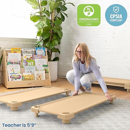 ECR4Kids Stackable Kiddie Cot, Ready-to-Assemble, Standard Size, Classroom Furniture, Sand, 6-Pack