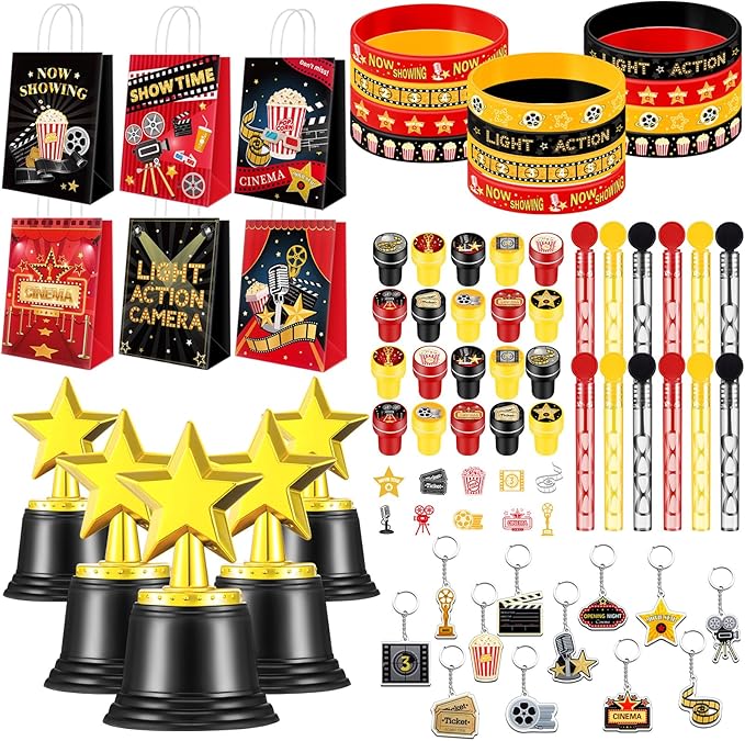 68 Pcs Movie Night Party Favors Movie Night Gift Bags Movie Stampers Silicone Bracelets Keychains Star Trophy Awards Bubble Wands for Movie Night Crazy Birthday Party Gift Goodie Bag Fillers