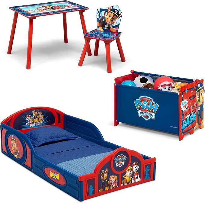 Delta Children - PAW Patrol 4-Piece Toddler Room-in-a-Box Set – Includes Sleep and Play Toddler Bed, Table, 1 Chair and Toy Box, Blue
