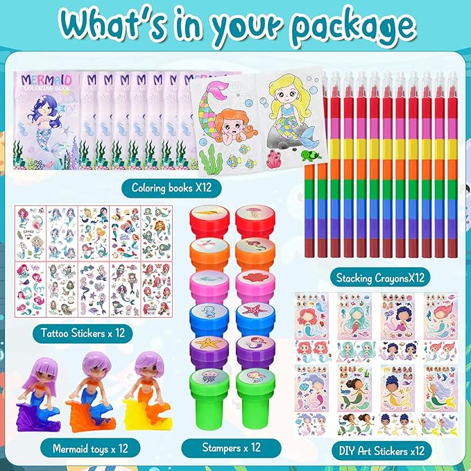 72 Pcs Mermaid Coloring Book with Crayons Party Favors Set, Under the Sea Party Pinatas Goodie Bag Fillers, Ocean Birthday Party Supplies Craft DIY Kit Face Stickers Tattoo for Underwater Party