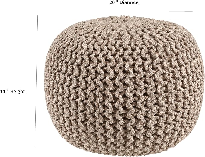 Round Tweed Dori Pouf Ottoman Hand Knitted 100% Cotton Pouf Foot Stool - Knitted Bean Bag - Floor Chair for Bedroom - Foot Rest for Couch (20" Dia x 14" HT) (Natural Beige)
