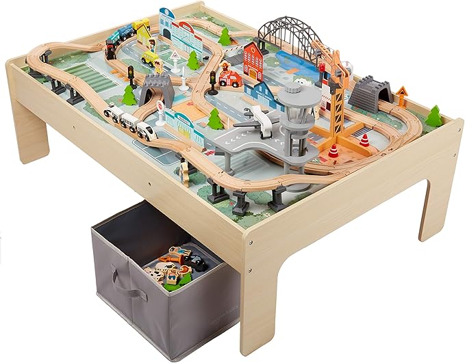 Amazon Basics 120 Piece Wooden Train Set and Table-kids Gift for Age 3Y+, Multi, Product dimensions: 47.4 x 33.46 x 16.14 inches