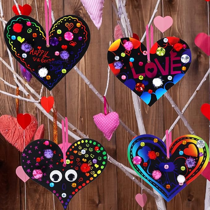 27 Sets Magic Color Scratch Paper Heart Ornaments Bookmarks Valentine Craft Kits Scratch Paper Heart Cutouts Pom-poms Googly Eyes for Kids Activity Art Project Valentine Party Favor Tree Decoration