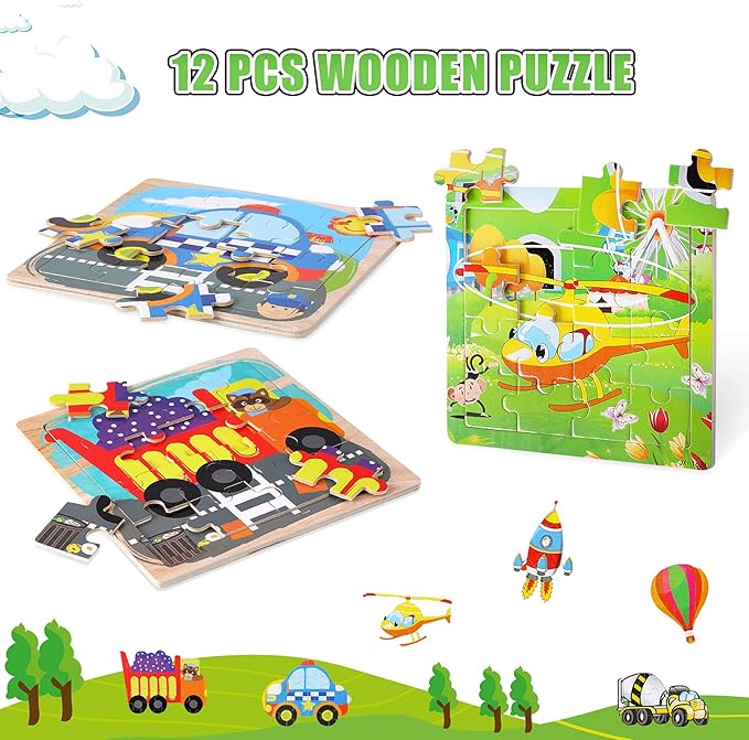 SANNIX 12 Pack Wooden Jigsaw Puzzles for Toddlers 3 4 5 Years Old, Party Favors Transportation Jigsaw for Kids, Educational Puzzles Travel Toy with 12 Organize Bags