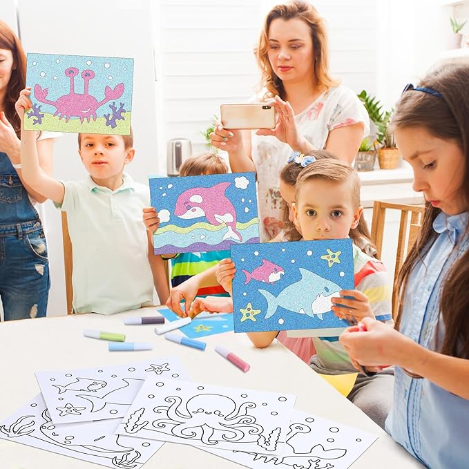 30 Sets Ocean Animal Sand Art Kits for Kids DIY Ocean Craft Sand Painting Colored Sand Art Painting Cards Set for Children DIY Arts Ocean Theme Educational and Learning Activities