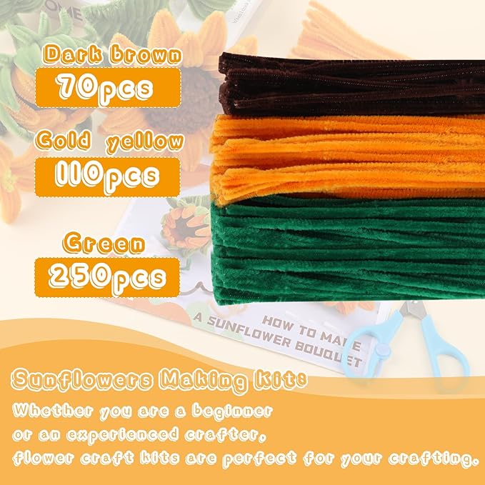 430PCS Pipe Cleaners Chenille Stem Craft Flower Supplies, Pipe Cleaner Flowers Crafts, Pipe Cleaner Sunflowers Kit with Instructions, 3 Colors Pipe Cleaners Set for DIY Art Craft Decorations-5 flowers