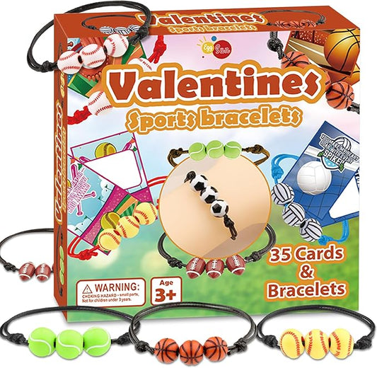 35 Packs Valentines Day Cards with Sports Bracelets for Classroom Gift Exchange Prizes, Valentine's Party Favors Toys for School Exchange Gifts Greeting Cards