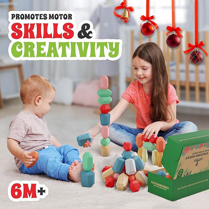 36 Pcs Wooden Stacking Blocks – Montessori Toys for 1 2 3 4 5 6 Year Old Toddlers and Kids, XL Rocks, No Choking Hazard – Sensory STEM Building Stones, for Girls and Boys