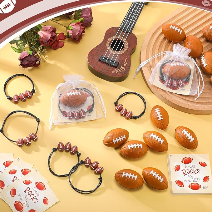 18 Sets Valentine's Day Football Gifts Mini Football Stress Balls Football Bracelets with Football Valentines Cards Football Team Gifts Party Favors for Valentine's Day Carnival Birthday