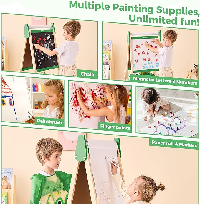 All-in-One Art Easel for Kids with 2 Paper Rolls & Deluxe Accessories, Adjustable Magnetic Double Sided Whiteboard & Chalkboard, Painting Kid Easel for Toddlers 2-8, Ideal Christmas Gift