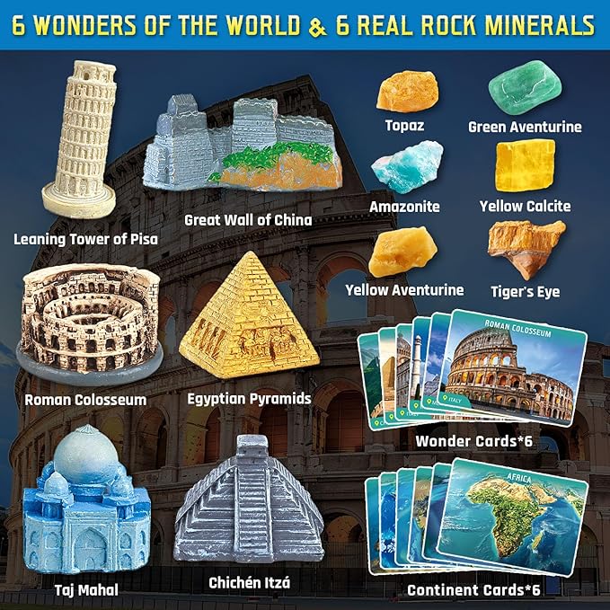 Ancient Wonders Dig Kit, Excavate 6 Famous Landmarks Figurines & 6 Rocks, with History Learning Cards, Wonders of The World Toy Archaeology Set, STEM Party Favor Gifts for Boys & Girls Age 6+