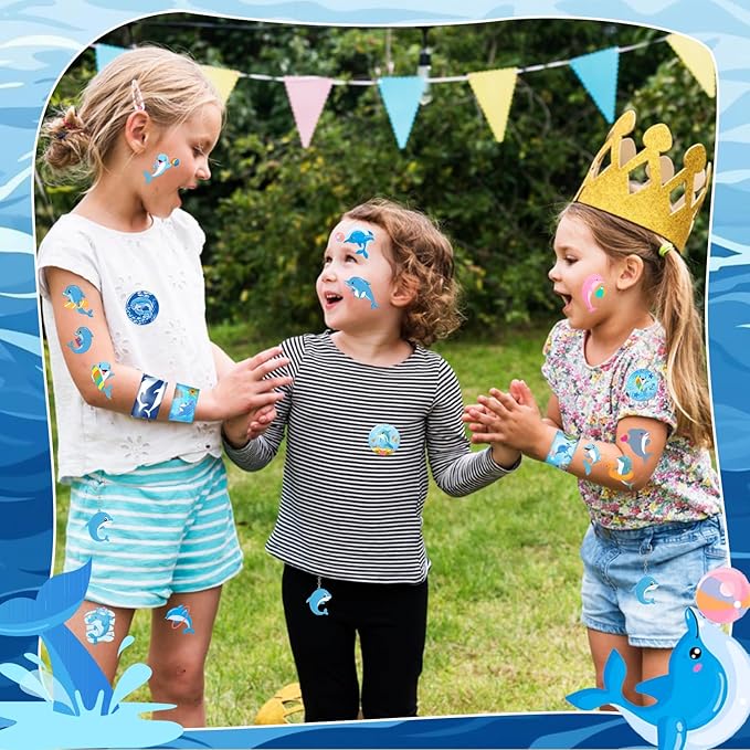 98 PCS Dolphin Party Favors, Dolphin Temporary Tattoos Slap Bracelets Keychains Stickers Badges for Dolphin Birthday Party Decorations Supplies Gifts for Kids Teens Boys Girls Classroom Rewards