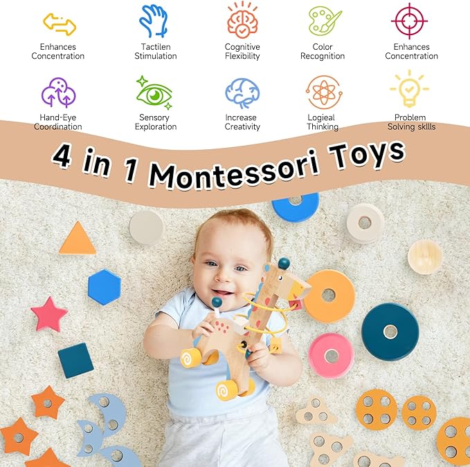 4-in-1 Wooden Montessori Toys for 3+ Year Old - Educational Sensory Toys for Toddlers Aged 3+, Baby Learning Toys for Boys and Girls, Christmas Birthday Gifts